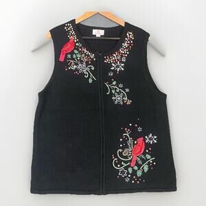 VTG Quacker Factory Holiday Vest XL Black Cardinal Snowflake Christmas Embroider
